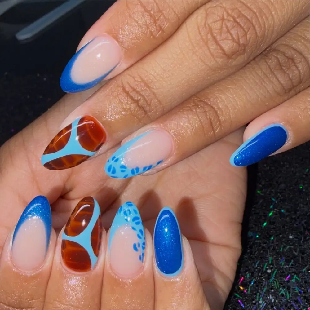 Blue and Tortoise Mixed Nails View