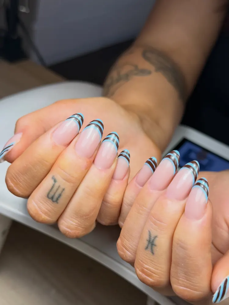 Brown and Blue Striped French Tips View